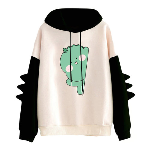 Damen weiter Kapuzenpullover mit dreidimensionalen Rückenstacheln und niedlichem Dino-Print – Auréline