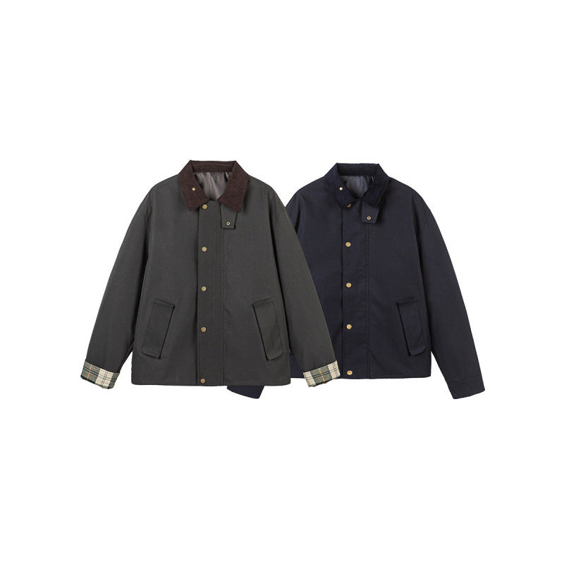 Herren Kurze Boxy-Workerjacke aus robustem Canvas mit Cordkragen und verdeckter Druckknopfleiste Echo Archiv