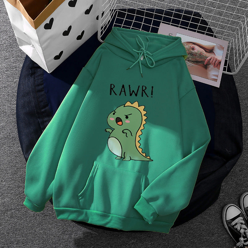 Damen Oversize-Kapuzenpullover mit kawaii Dinosaurier-Motiv, gerippten Bündchen und Kängurutasche – Auréline