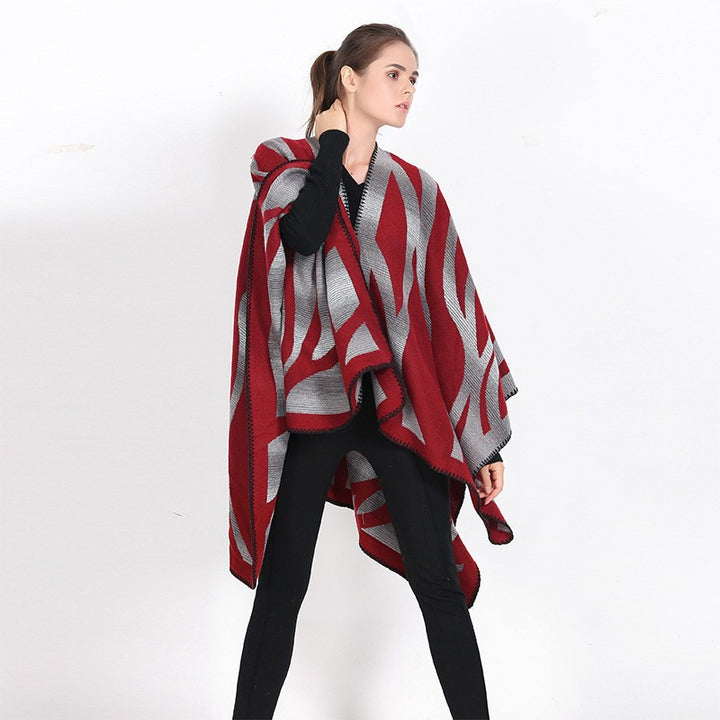 Damen Strukturstrick-Cape mit asymmetrischem Wickelfall und Jacquardmuster – Avérine