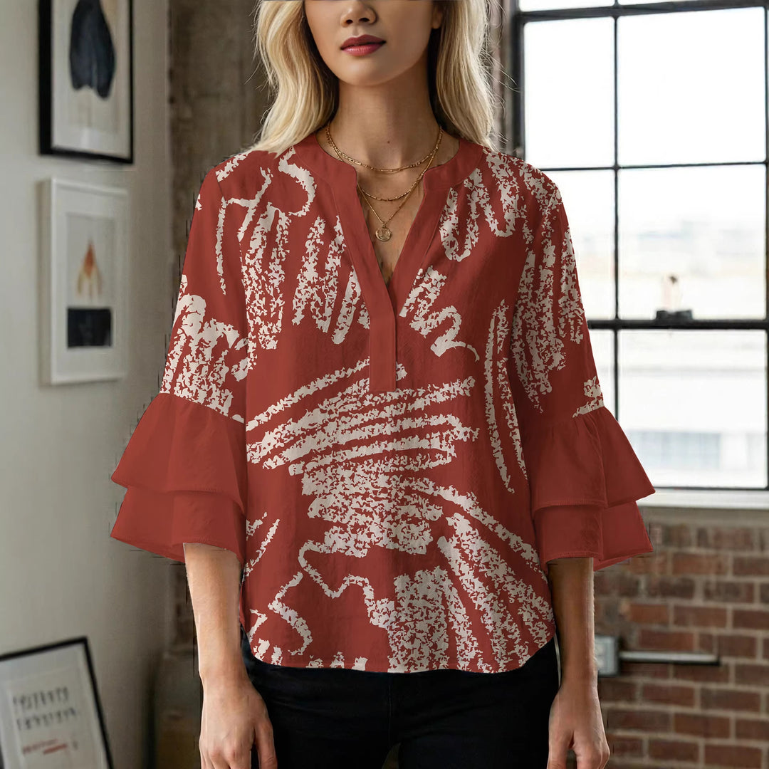 Damen elegantes Blusenshirt mit voluminösen Rüsenärmeln und grafischem Blumendesign Echo Archiv