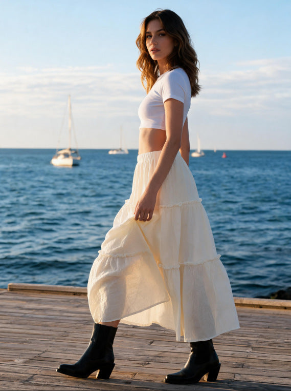 Damen Luftiger Stufenrock mit elastischem Bund und transparenter Chiffon‑Optik – Rosévia