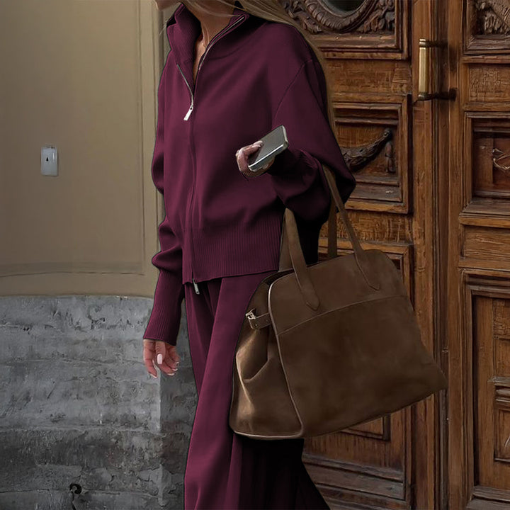 Damen Strick-Loungewear-Set mit halbhohem Kragen, Reißverschluss und weitem Highwaist-Hose – Mavelle
