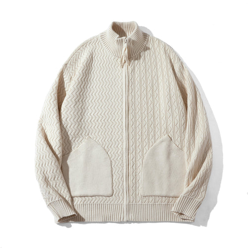 Unisex strukturierte Strick‑Zipjacke mit hohem Rippkragen und Kängurutaschen Echoarchiv
