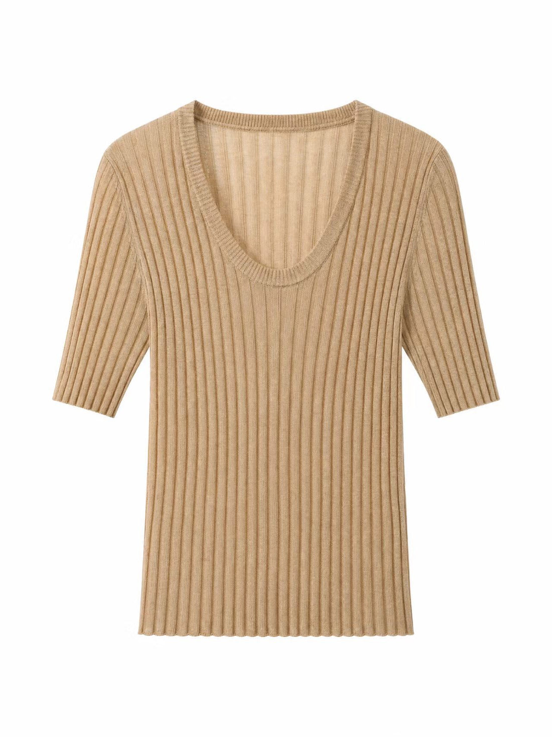 Damen Geripptes Feinstrickshirt mit tiefem U-Ausschnitt und halblangen Ärmeln Echo Archiv