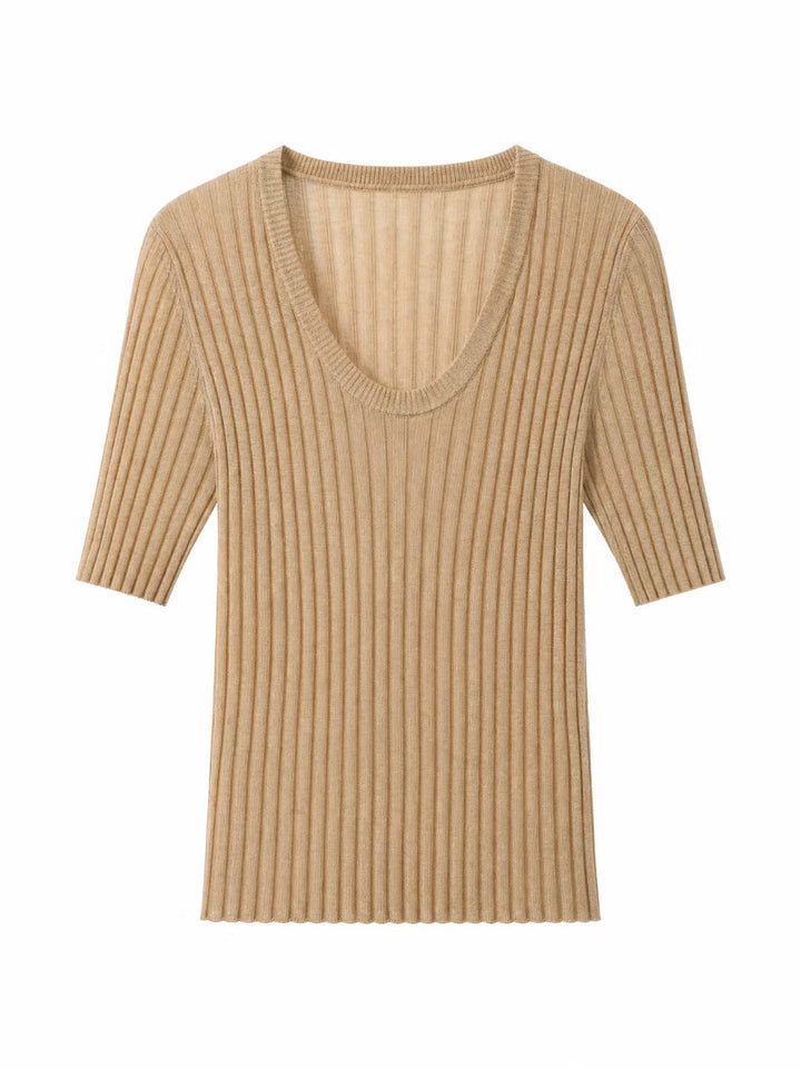 Damen Geripptes Feinstrickshirt mit tiefem U-Ausschnitt und halblangen Ärmeln Echo Archiv