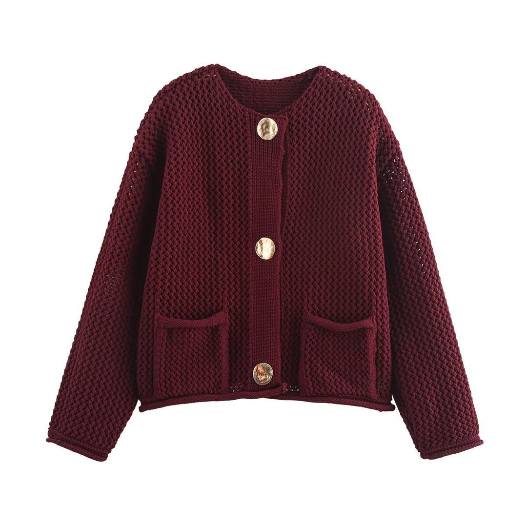 Damen Kurzgeschnittene strukturierte Strickjacke mit goldfarbenen Zierknöpfen und aufgesetzten Taschen Echo Archiv