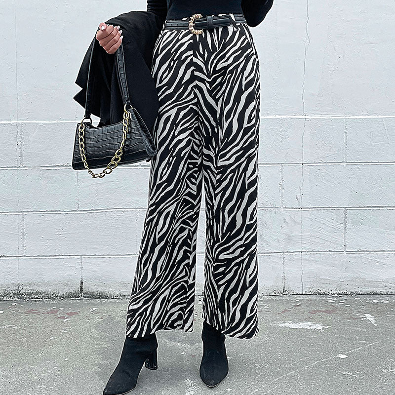Damen Weite Palazzo-Hose mit Animal-Zebra-Muster, hohem Bund und Gürtelschlaufen Echoarchiv