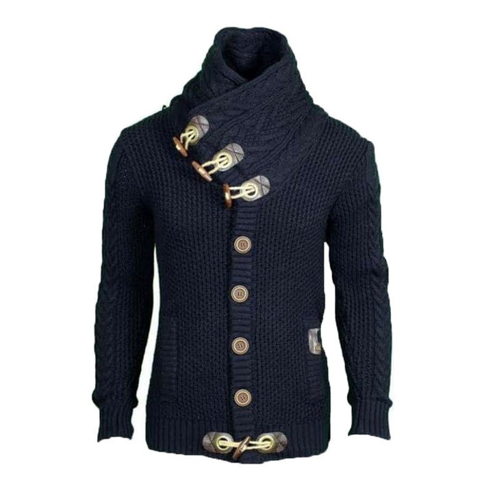Herren gestrickter Cardigan mit hohem Kragen und modernen Holzknebel Echoarchiv