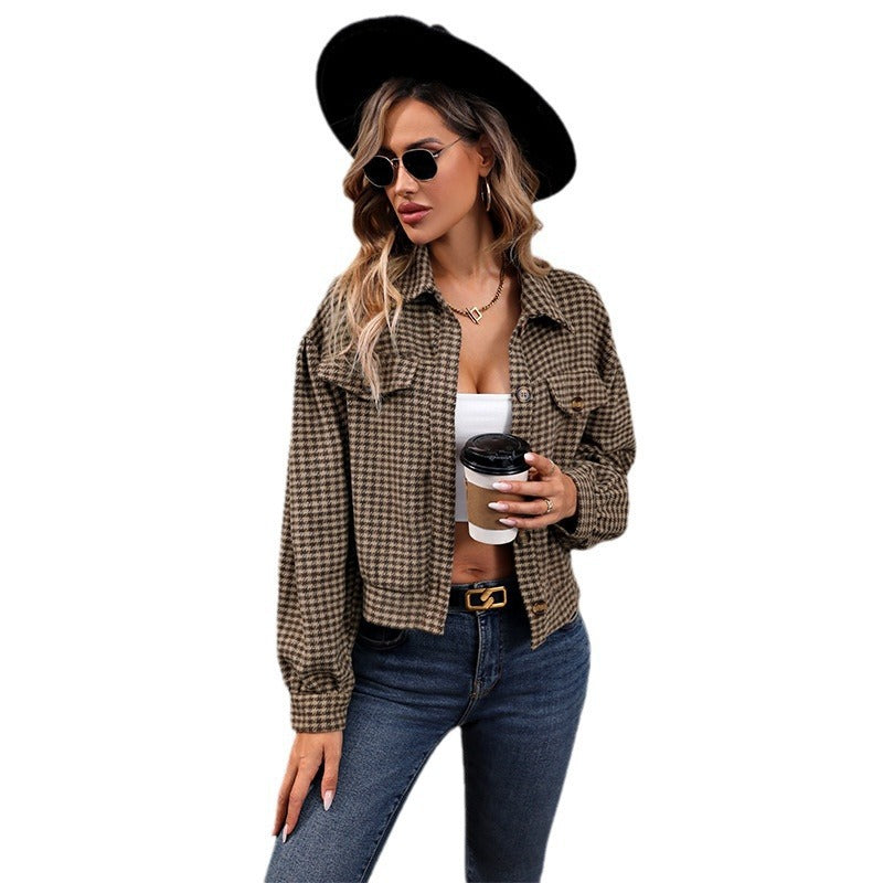 Damen Kurze Oversize‑Shacket mit Hahnentritt‑Muster, Brusttaschen & Knopfleiste Echoarchiv