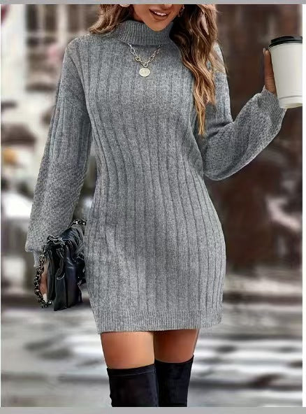 Damen nan figurbetontes geripptes Rollkragen-Strickkleid mit Ballonärmeln Echo Archiv