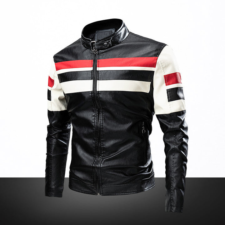 Herren Retro-inspirierte Motorrad-Lederjacke mit Rennsportstreifen und Stehkragen Echo Archiv