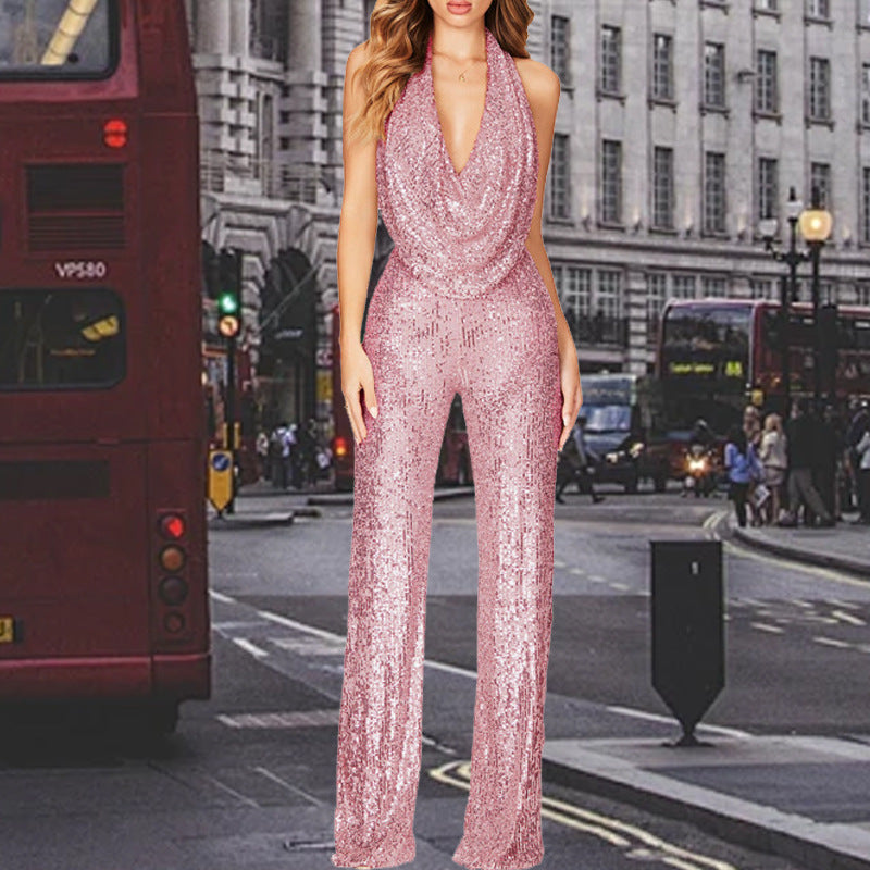 Damen Glitzerndes Jumpsuit mit tiefem V-Ausschnitt und weitem Bein Echoarchiv