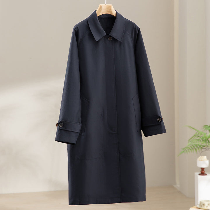 Damen Langer minimalistischer Trenchcoat mit verdeckter Knopfleiste und verstellbaren Manschetten Echoarchiv