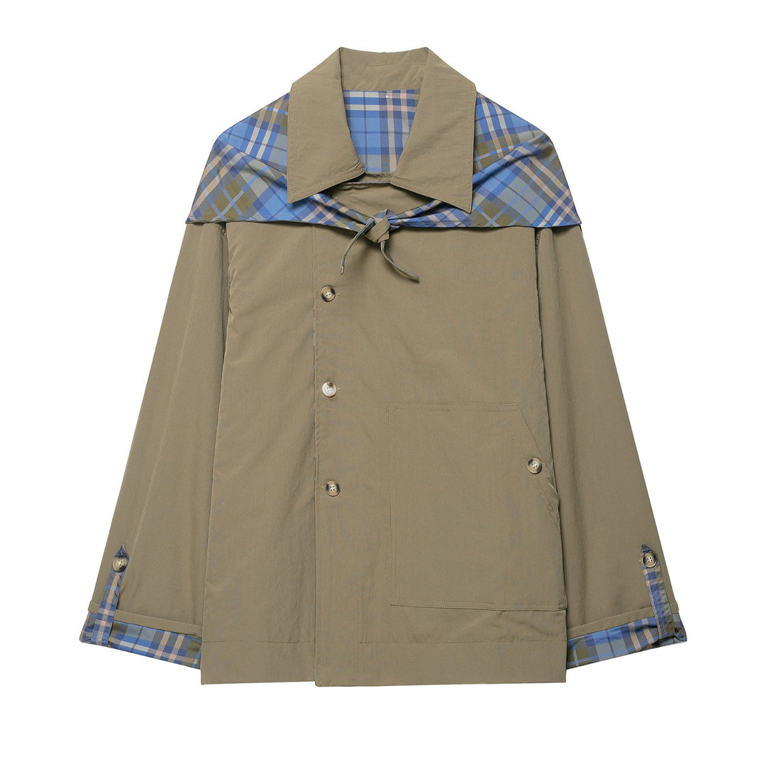 Damen 100+ kurzer Cape‑Trench mit karierter Innenverarbeitung und Knotenverschluss Echo Archiv
