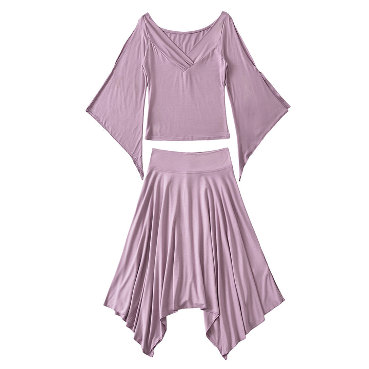 Damen Zweiteiliges Set aus drapiertem Top mit Fledermausärmeln und asymmetrischem Tellerrock Echoarchiv