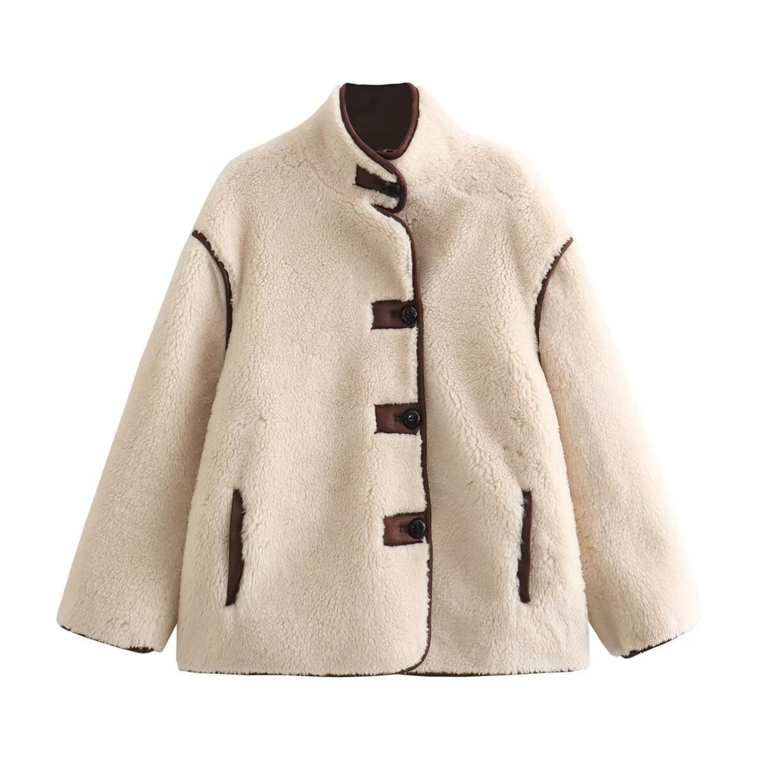 Damen nan kurze Schaffelloptik‑Jacke mit Stehkragen, verdeckter Knopfleiste und Eingrifftaschen Echo Archiv