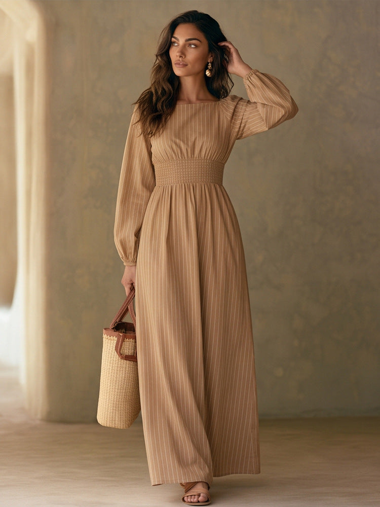 Damen Maxikleid mit Smok-Taillenband, Quadrat-Ausschnitt und langen Ballonärmeln Echoarchiv
