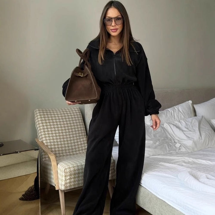 Damen kuscheliger Plüsch-Jumpsuit mit halbem Reißverschluss und elastischer Taille – Solévia