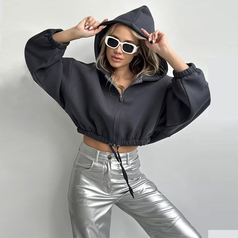 Damen Sportlicher Cropped Hoodie mit Reißverschluss und Kordelzug Echoarchiv