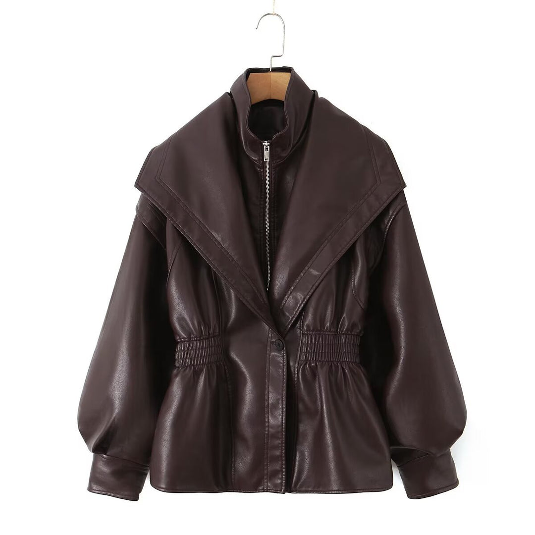 Damen Kunstlederjacke mit XXL-Schalkragen, Taillengummierung und Ballonärmeln Echo Archiv