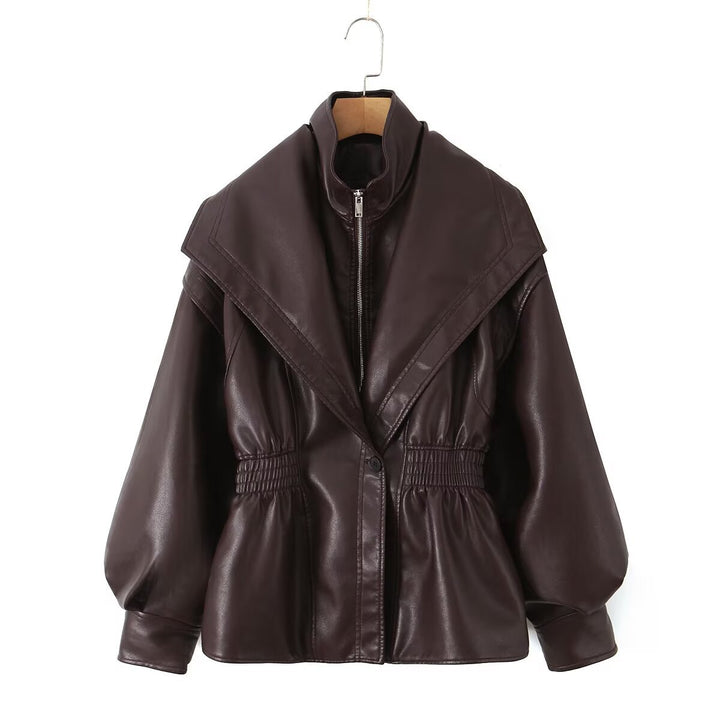 Damen Kunstlederjacke mit XXL-Schalkragen, Taillengummierung und Ballonärmeln Echo Archiv