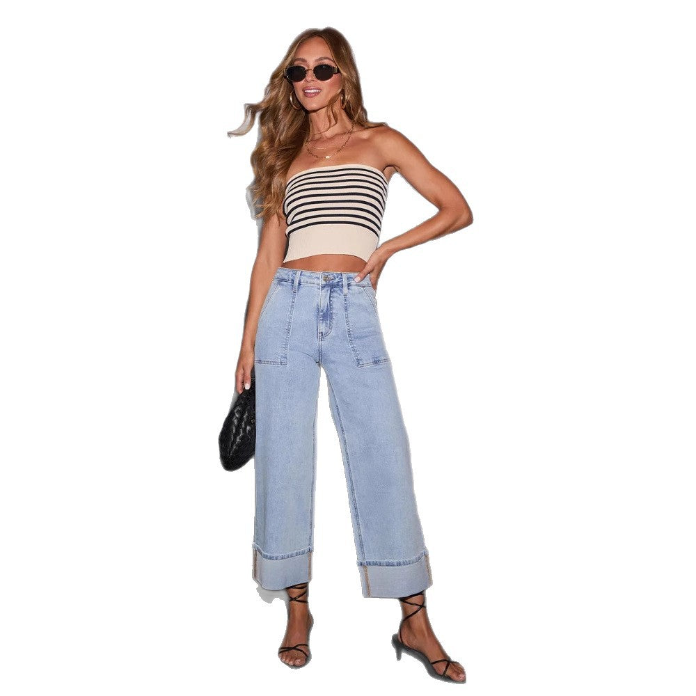 Damen nan Highwaist-Culotte-Jeans mit weitem Bein, aufgesetzten Fronttaschen und markantem Umschlagbund Echo Archiv