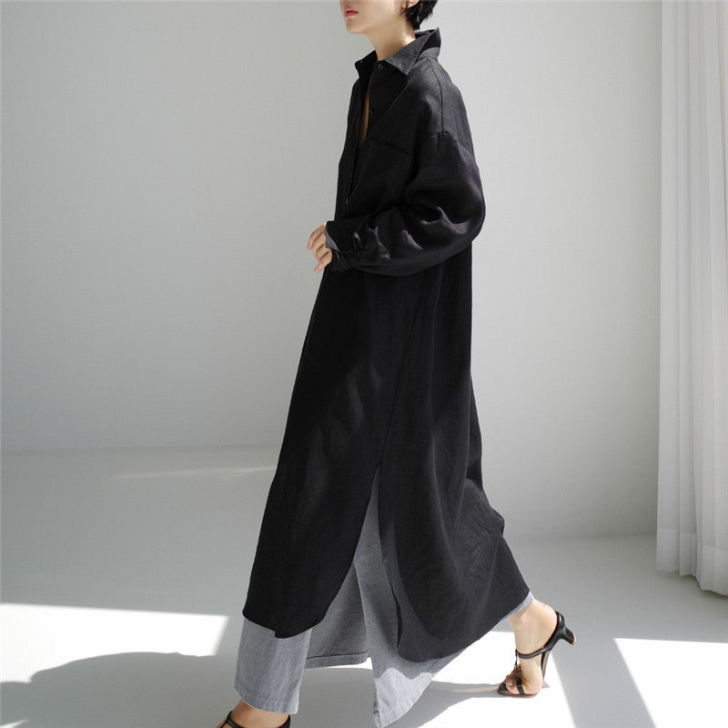 Damen Langes Leichtes Hemdblusen-Midaxi-Kleid mit Kentkragen und hohen Seitenschlitzen – Élara