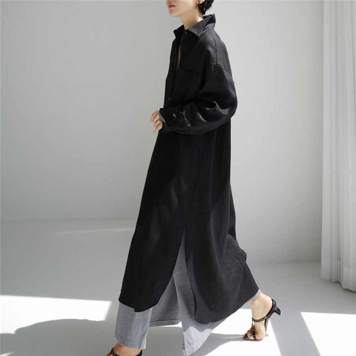 Damen Langes Leichtes Hemdblusen-Midaxi-Kleid mit Kentkragen und hohen Seitenschlitzen – Élara