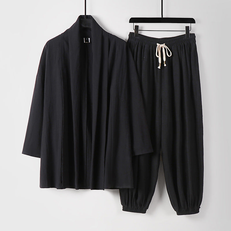 Unisex Entspanntes Kimono-Zweiteiler aus Baumwollmusselin mit Schalkragenjacke und geraffter Knöchelhose Echoarchiv