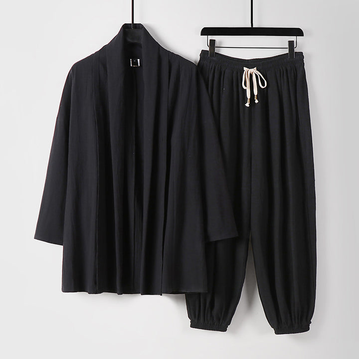 Unisex Entspanntes Kimono-Zweiteiler aus Baumwollmusselin mit Schalkragenjacke und geraffter Knöchelhose Echoarchiv