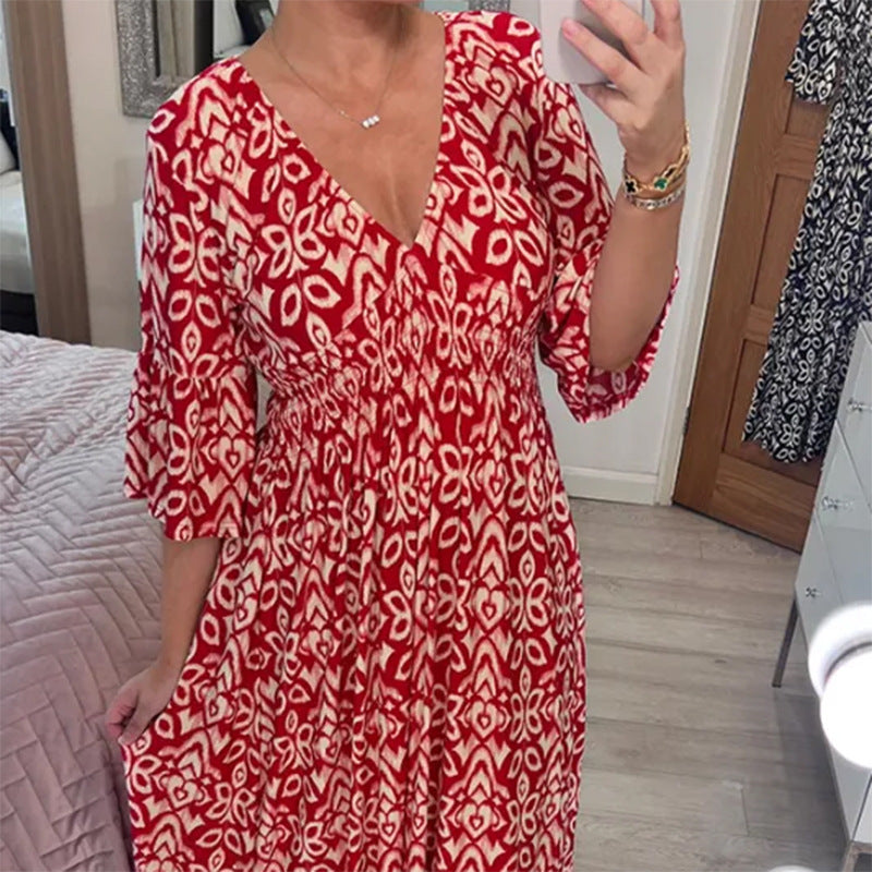 Damen Maxikleid mit V-Ausschnitt, gerafftem Taillenteil und Rüschendreiviertelärmeln – Valéora