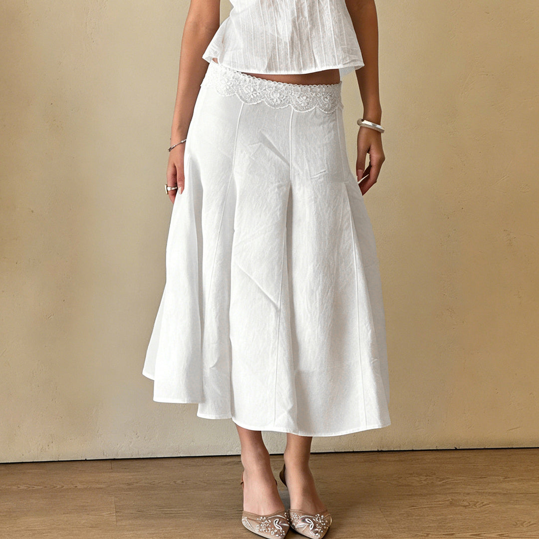 Damen Midirock mit hohem Stretch-Spitzenbund, ausgestellten Godet‑Bahnen und formgEcho Archivenden Abnähern – Rosévia