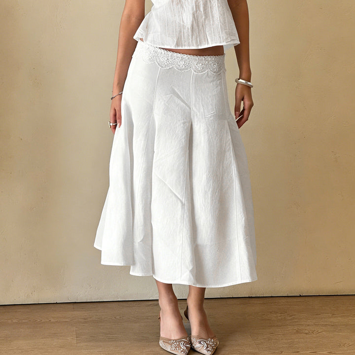 Damen Midirock mit hohem Stretch-Spitzenbund, ausgestellten Godet‑Bahnen und formgEcho Archivenden Abnähern – Rosévia
