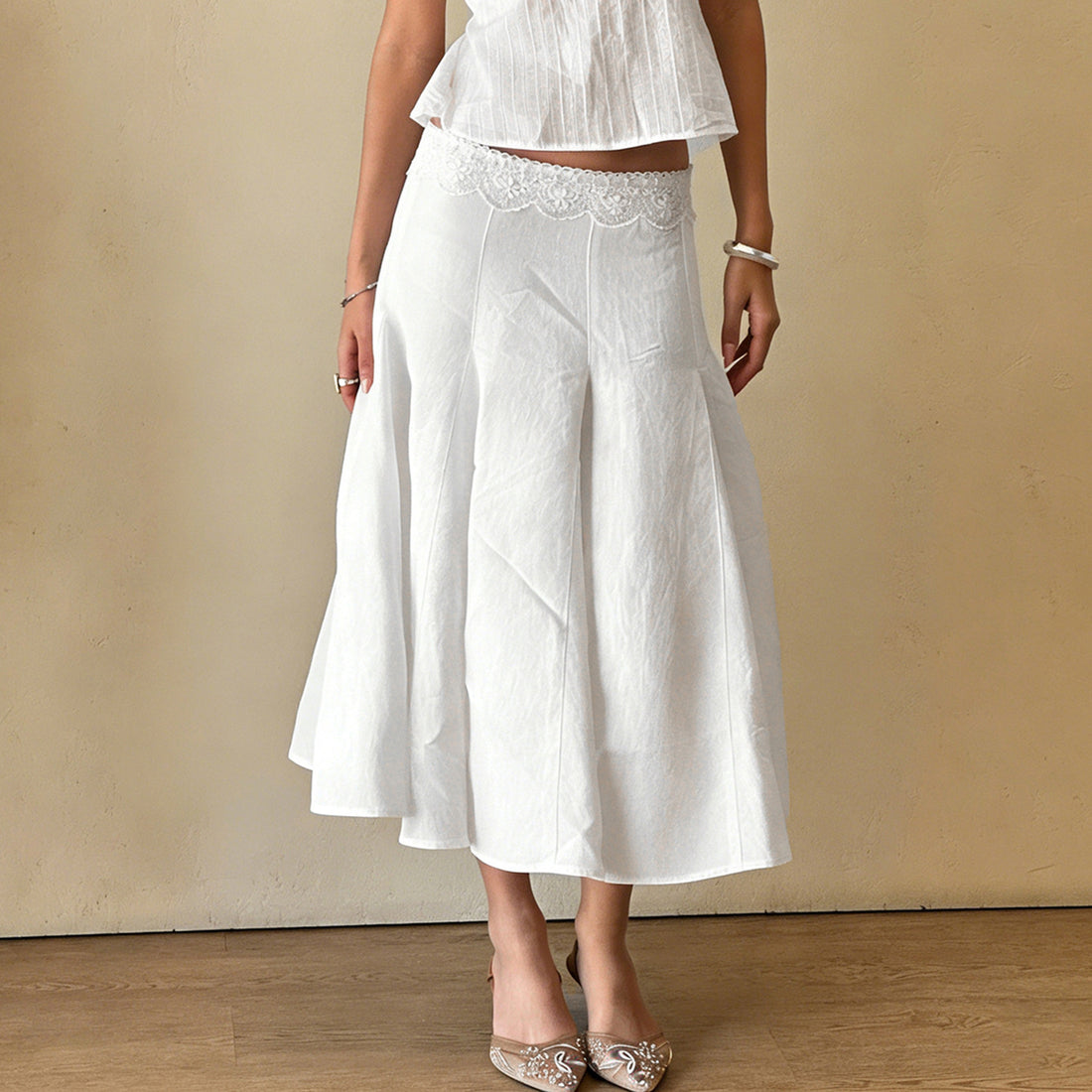 Damen bodenlanger Midirock mit elastischem Bund und schwingendem Saum – Rosévia