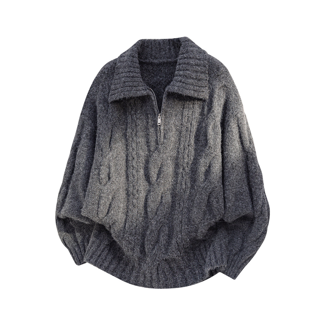 Damen Oversize Strickpullover mit halbem Reißverschluss, Zopfmuster und Ballonärmeln Echo Archiv