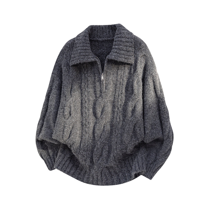 Damen Oversize Strickpullover mit halbem Reißverschluss, Zopfmuster und Ballonärmeln Echo Archiv