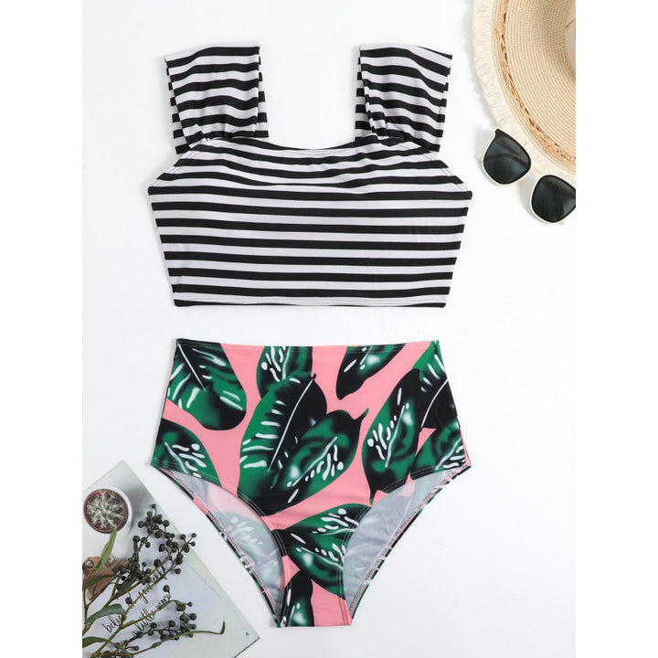 Damen Hochgeschnittener Bikini mit modischem Streifenmuster und floralem Unterteil Echo Archiv