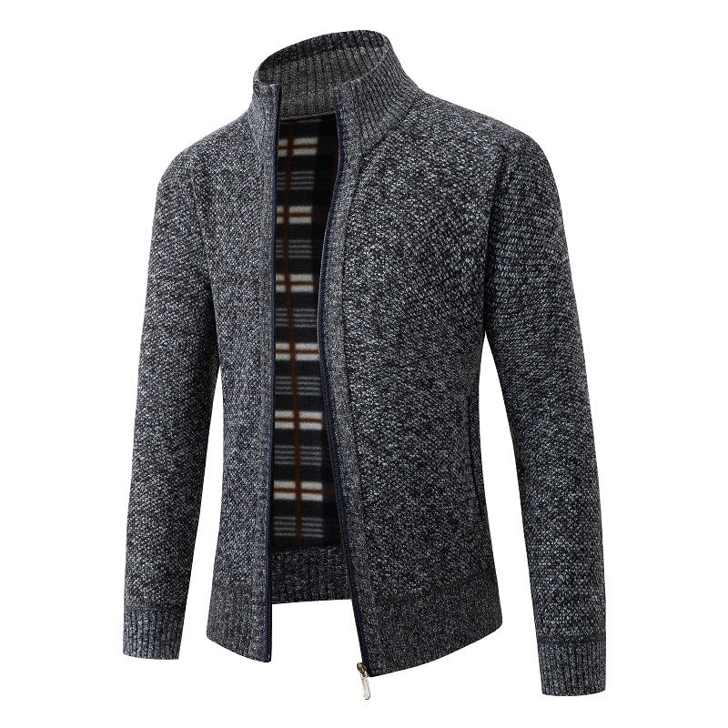Herren Strukturiertes Zip-Strickjacke mit Karo‑Fleece‑Futter und Stehkragen Echo Archiv