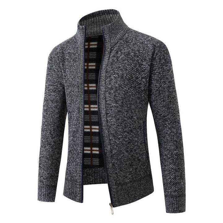 Herren Strukturiertes Zip-Strickjacke mit Karo‑Fleece‑Futter und Stehkragen Echo Archiv