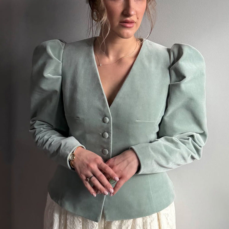 Damen Taillierter Samtblazer mit betonter Taille, V-Ausschnitt und voluminösen Puffärmeln Echoarchiv