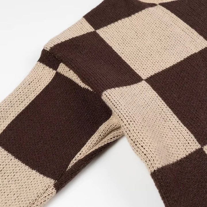 Damen nan oversized Strickpullover mit Schachbrettmuster, geripptem Saum und Rundhalsausschnitt Echo Archiv