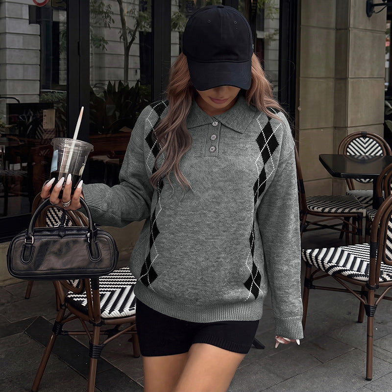 Damen Eleganter Strickpullover mit Polo-Kragen und Rautenmuster Echo Archiv