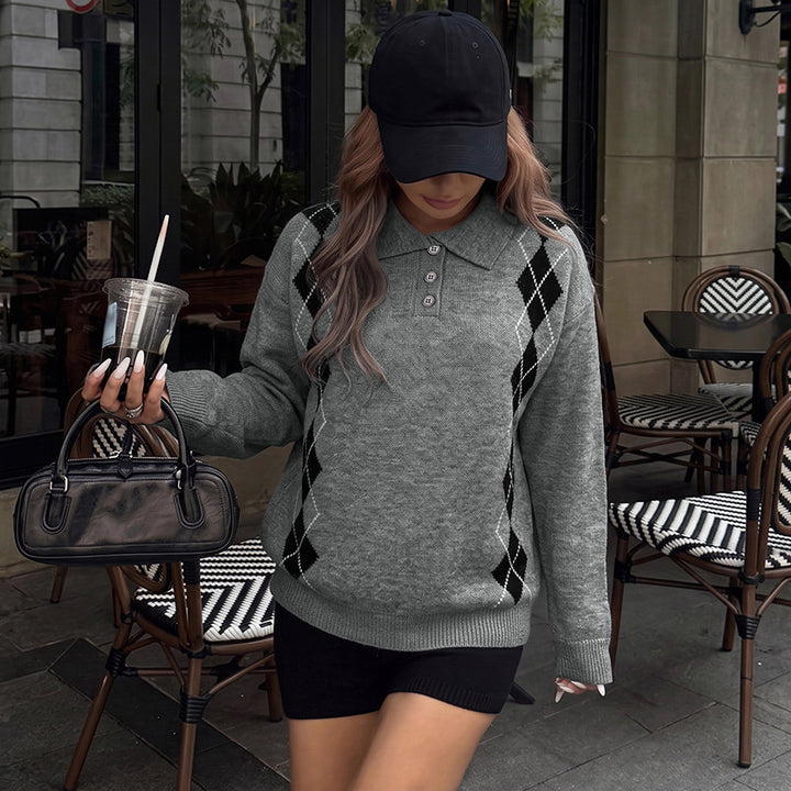 Damen Eleganter Strickpullover mit Polo-Kragen und Rautenmuster Echo Archiv
