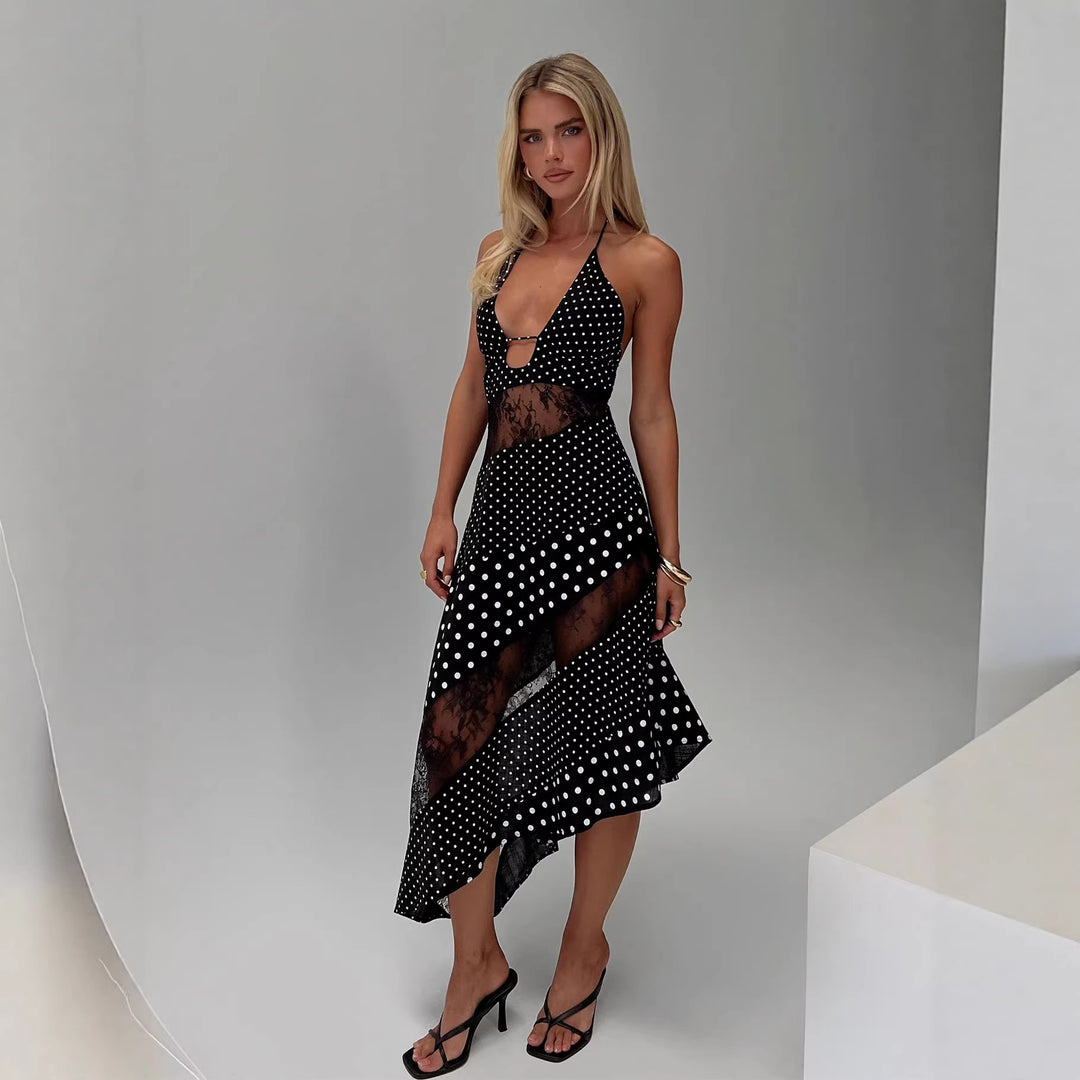Damen Halterkleid mit transparenten Einsätzen und asymmetrischem Saum Echo Archiv