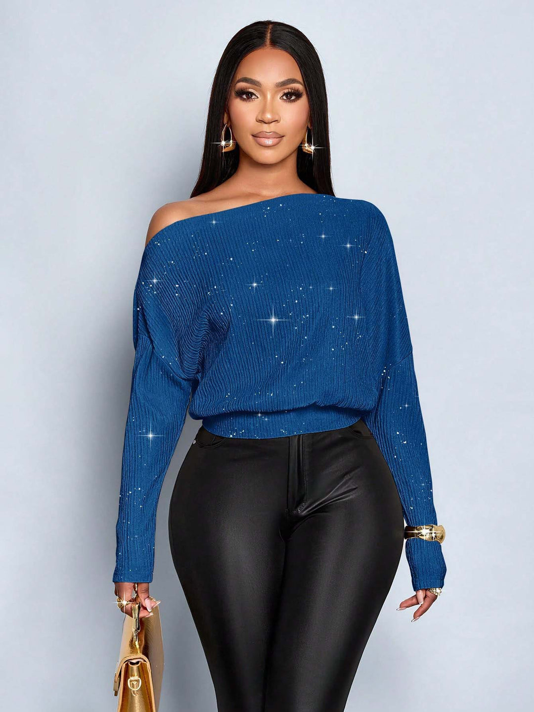 Damen Off-Shoulder Rippstrick-Pullover mit Glitzereffekt und Batwing-Ärmeln Echo Archiv