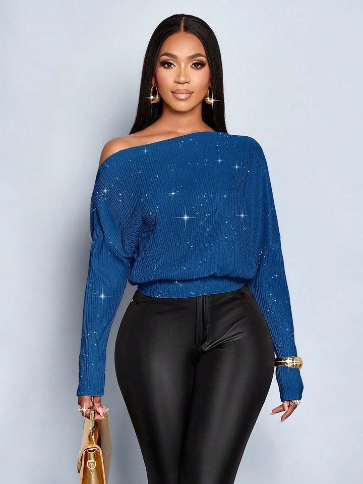 Damen Off-Shoulder Rippstrick-Pullover mit Glitzereffekt und Batwing-Ärmeln Echo Archiv