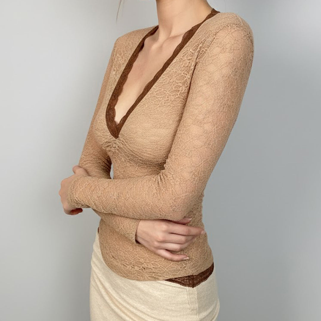 Damen Transparentes Spitzen-Bodyshirt mit V-Ausschnitt und figurbetonter Taillennaht Echo Archiv