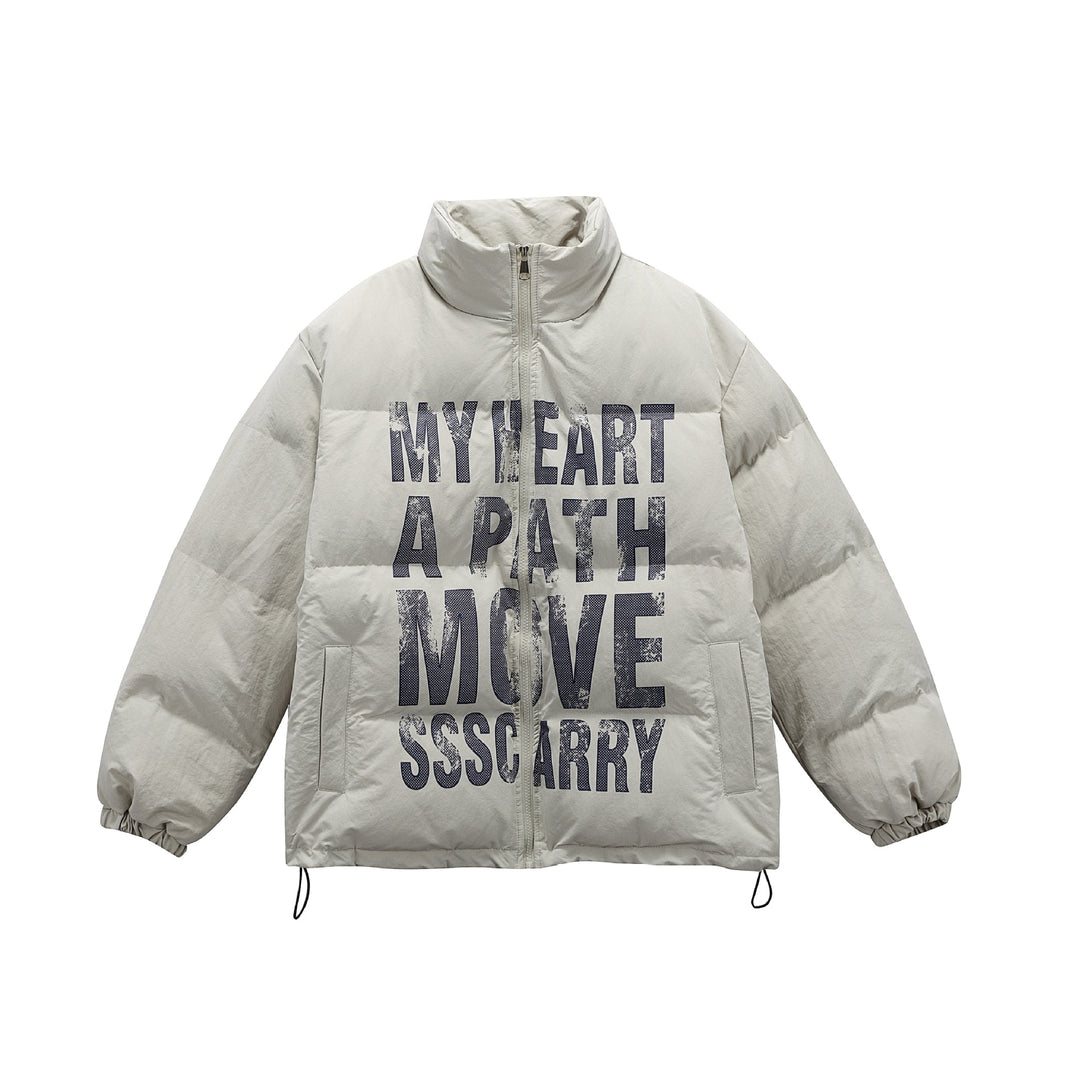 Unisex Oversize Steppjacke mit hohem Stehkragen und Statement-Print Echoarchiv