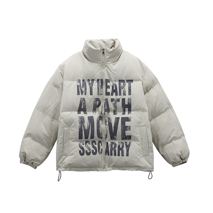 Unisex Oversize Steppjacke mit hohem Stehkragen und Statement-Print Echoarchiv